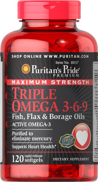 Maximum Strength Triple Omega 3-6-9 Fish, Flax & Borage Oils 120 softgels EXP 7-2022