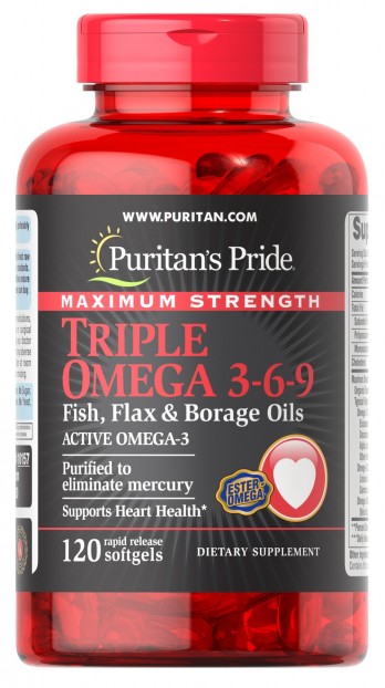 Maximum Strength Triple Omega 3-6-9 Fish, Flax & Borage Oils 120 softgels EXP 7-2023